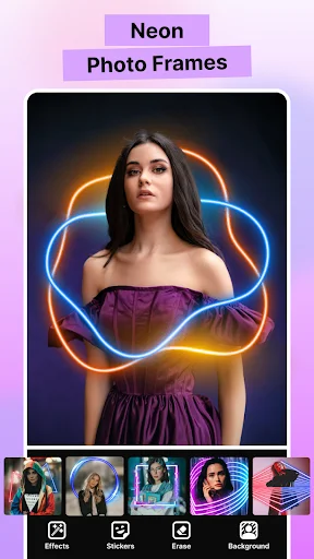 Woman surrounded by orange and blue neon circular frames on dark background, neon photo effects