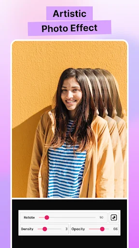 Woman with artistic photo effect motion blur on mustard yellow background, effect adjustment tools