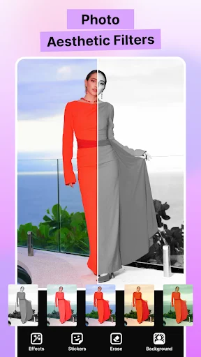 Aesthetic filter split-screen showing red and grayscale photo editing, color filter adjustments