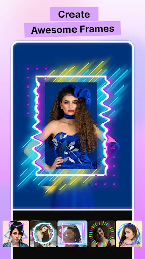 Woman in neon geometric frame with purple and cyan glowing effects, neon frame photo editor
