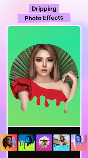 Woman with colorful dripping paint effect on bright green background, artistic paint splash