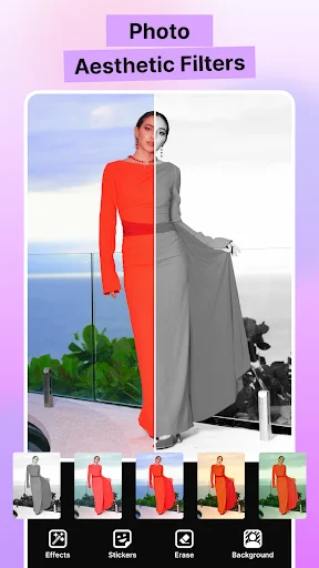 Split-screen photo showing red color filter on left and grayscale filter on right, aesthetic filters