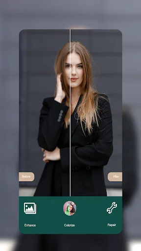 Photo editor interface with Enhance, Colors, and Repair tools featuring adjustment sliders for professional photo retouching