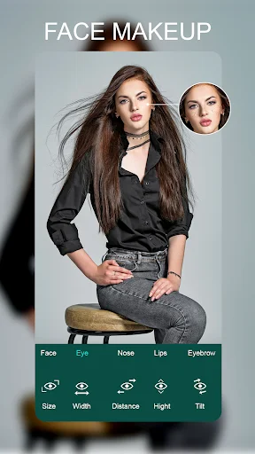 Face makeup editor with facial feature adjustment tools for eyes, nose, lips, eyebrow and customizable size, width, height controls