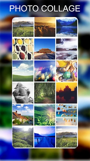 Photo collage maker feature displaying grid layout template with multiple landscape and nature photos combined into one composition