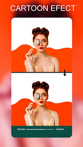 Cartoon effect feature with before and after comparison and slider control to adjust cartoon effect intensity on portrait photos