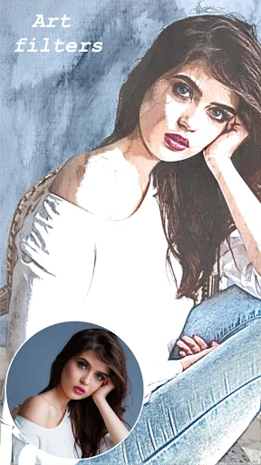 Screenshot showing 'Art filters' feature with watercolor painting style applied to portrait photo preview