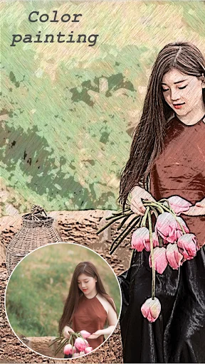 Screenshot showing 'Color painting' feature converting portrait photo to vibrant artwork with original preview