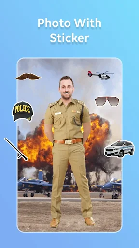 Photo with sticker option - customize police uniform photos with badge, helicopter, sunglasses and special effects stickers