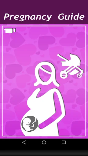 Pregnancy Guide app welcome screen with pregnant woman icon and baby stroller illustration, pink background