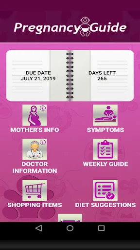 Pregnancy tracker dashboard with due date July 21 2019, 265 days left counter, and navigation menu for health tracking features