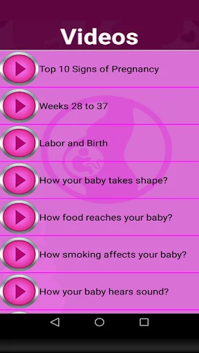 Pregnancy education videos library with topics including pregnancy signs, weeks 28-37, labor, birth and baby development