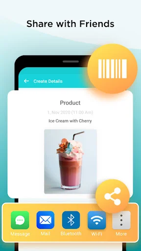 Product sharing interface displaying ice cream item with social sharing options including email and WiFi
