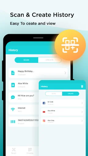 Scan history interface displaying previous QR codes and barcodes with contact details and sharing options