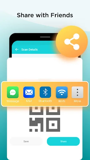 QR code display screen with save and share buttons for Message, Email, Bluetooth, and WiFi sharing