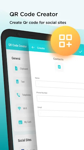 QR code creator tool with contact form to generate QR codes for names, phone numbers, and email