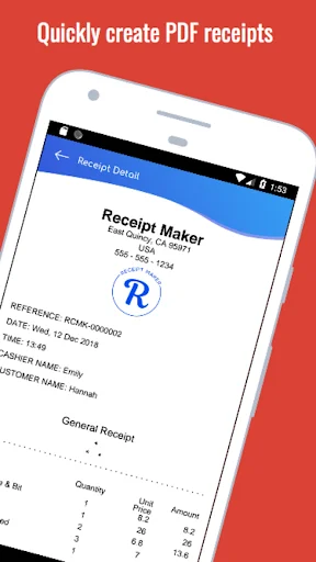 Receipt Maker app displaying a generated PDF receipt with itemized products, pricing, customer details, and reference information