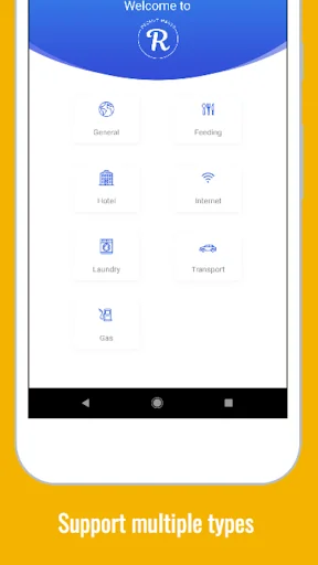 Receipt Maker welcome screen showing category icons for General, Hotel, Internet, Laundry, Transport, and Cafe receipt types