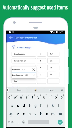 Purchase information screen displaying previously used items with quantities and prices for quick and efficient receipt generation