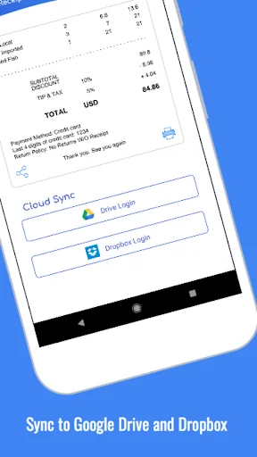 Receipt Maker app showing completed receipt with cloud sync options to save and backup receipts to Google Drive and Dropbox