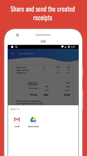 Receipt Maker view receipt screen with sharing options to send created PDF receipts via Gmail and save to Google Drive