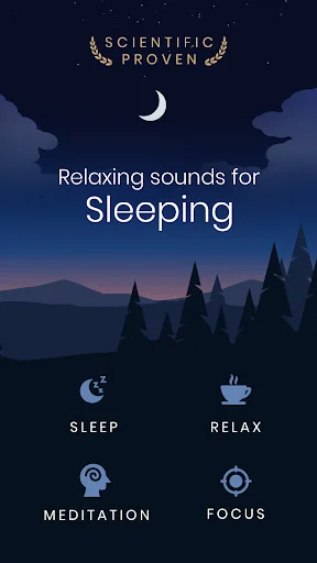 App home screen with Sleep, Relax, Meditation, and Focus category buttons for relaxing sounds and sleep music