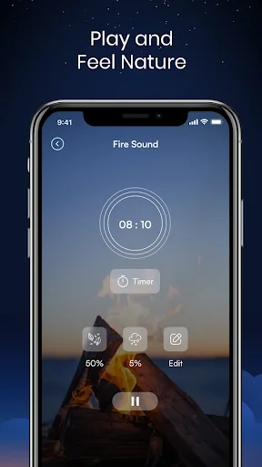 Fire Sound player with 08:10 timer, 50% and 5% volume controls, and Edit button for customizing sleep audio settings