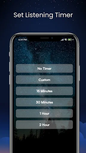 Timer selection screen with No Timer, Custom, 15 Minutes, 30 Minutes, 1 Hour, and 2 Hour sleep duration options