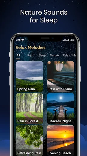 Relax Melodies collection displaying Spring Rain, Rain with Piano, Rain in Forest, Peaceful Night, and Evening Beach sounds