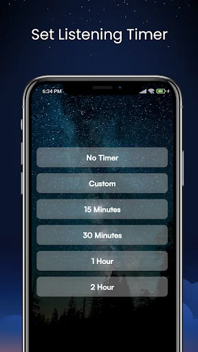 Timer selection screen with No Timer, Custom, 15 Minutes, 30 Minutes, 1 Hour, and 2 Hour sleep duration options