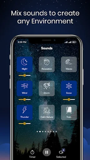 Sound mixer interface to combine Night, Wind, Thunder, and Train sounds with individual volume sliders for sleep