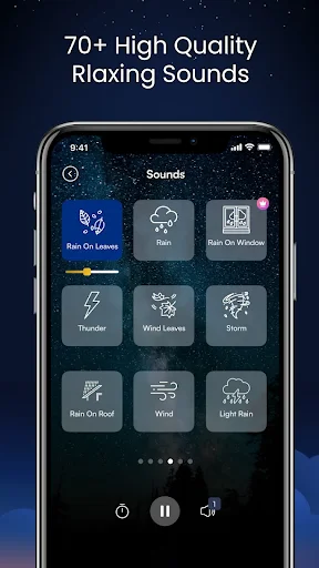 Sounds menu with 70+ high quality relaxing audio tracks including Rain, Thunder, Wind, Storm, and Light Rain for sleep