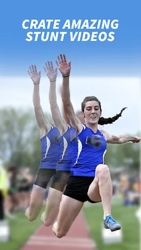 Stunt video creation effect with reverse video app showing multiple exposure of jumping athlete in action