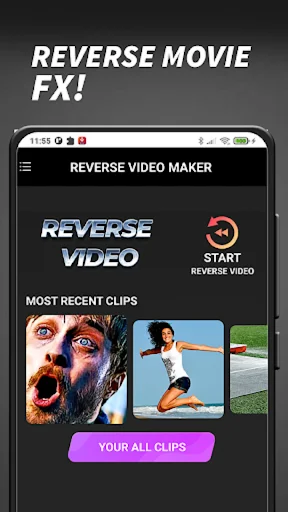 Reverse Video Maker app home interface with start reverse video button and most recent video clips gallery