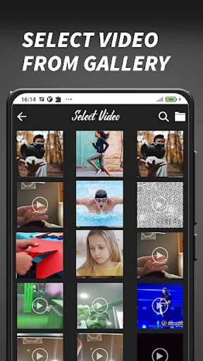 Video gallery selection screen with thumbnail grid showing multiple videos available to reverse video edit