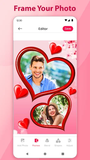 Heart-shaped romantic photo frame editor with decorative red hearts and editing toolbar