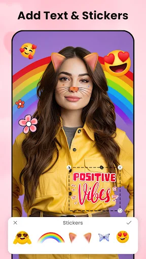 Selfie editor with cat ear stickers, emoji decorations and positive vibes text overlay