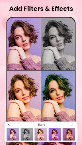 Filter effects grid preview showing multiple color variations of portrait photo