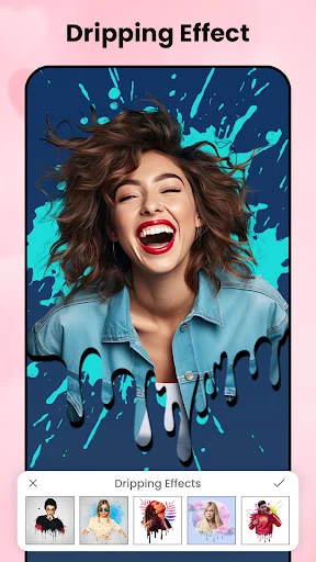Photo editor with turquoise cyan dripping splatter effect on smiling woman portrait