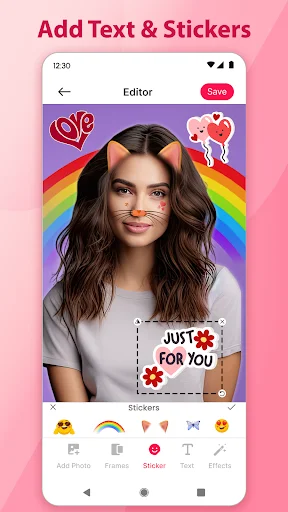 Photo editor with sticker and text overlay tool showing portrait with colorful decorations