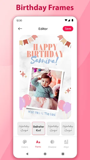 Birthday-themed photo frame editor with customizable text and festive elements