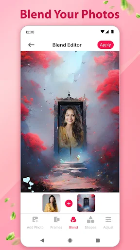 Photo blending editor combining portrait with fantasy background and effect preview