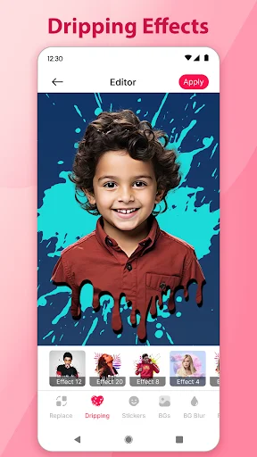 Photo editor with cyan turquoise dripping paint splash effect on child portrait
