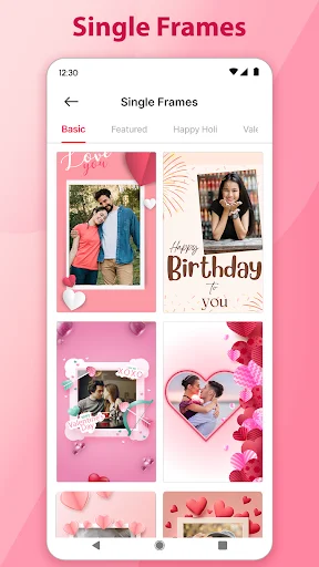 Single photo frame template gallery with romantic and birthday frame styles