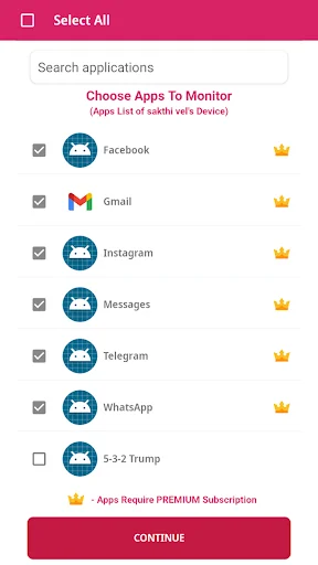 Choose apps to monitor: select from Facebook, Gmail, Instagram, Messages, Telegram, WhatsApp and more