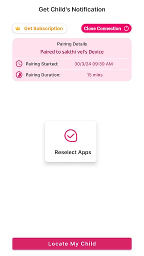 Active monitoring session showing child notification details, pairing duration, and location tracking features