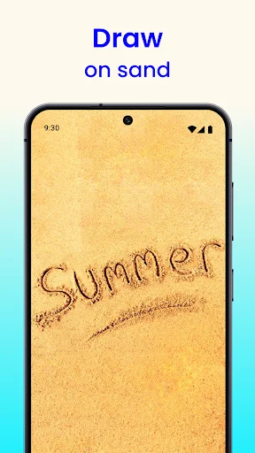 Phone home screen displaying 'SUMMER' drawn in sand texture, showcasing Draw on Sand live wallpaper drawing functionality