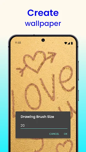 Sand wallpaper with heart drawings and Drawing Brush Size dialog set to 20, showing customization and brush size settings