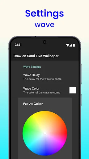 Settings menu for Draw on Sand wallpaper showing Wave Delay, Wave Color options, and colorful RGB gradient color picker
