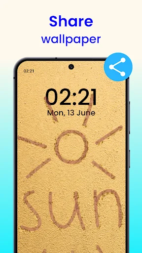 Sand-textured home screen with 'SUN' written in sand and blue share button, enabling users to share wallpaper designs